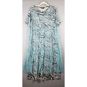 Shein Curve Sz 0X Mesh Overlay Maxi Dress Zebra Print Aqua Maximalist Whimsigoth